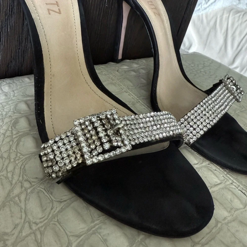 Schutz Black Velvet Rhinestone Buckle Heels Size 9B Ankle Strap Sandals